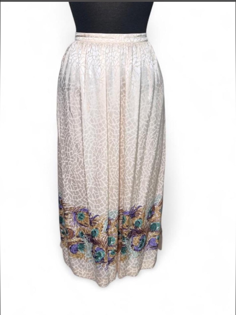 Vintage UMI Anne Crimmins 100% Silk Peacock Feather Midi Skirt Size 14